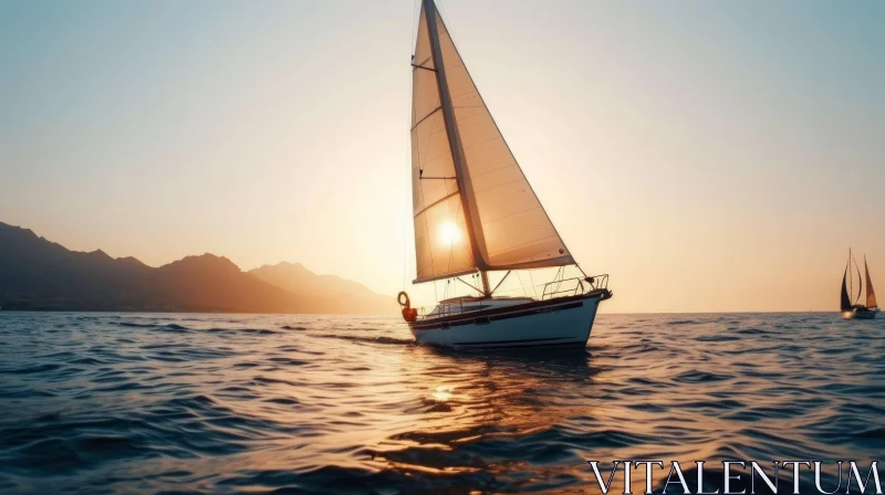 Tranquil Sailboat at Sunset on Calm Sea AI Image
