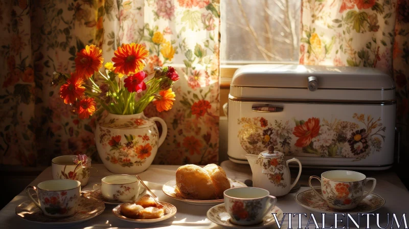 Tranquil Still Life Composition with Teacups and Flowers AI Image