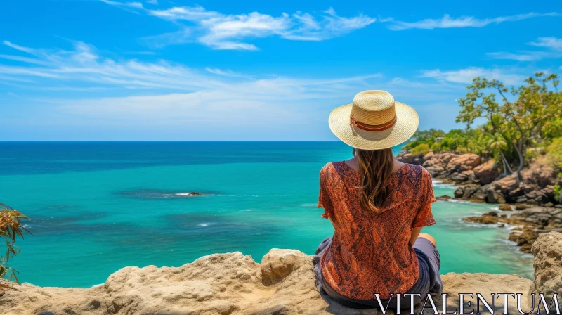 Woman on Rocky Cliff overlooking Blue Ocean AI Image