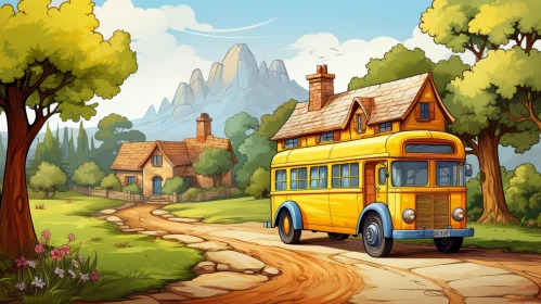 Cartoon Landscape with Yellow School Bus on Countryside Road