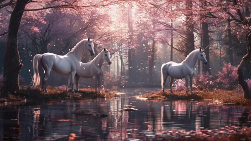 Enchanting Forest River with Unicorns and Flowers