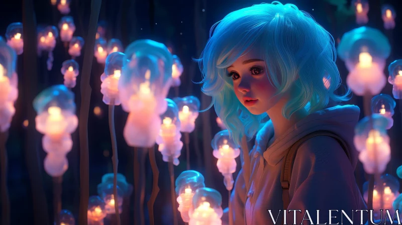 Enigmatic Encounter: Blue-Haired Girl and Glowing Jellyfish in Dark Forest AI Image