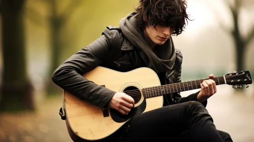Male Musician Playing Acoustic Guitar Outdoors
