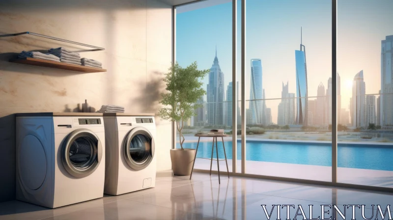 Modern Laundry Room with City View AI Image