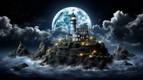 Moonlit Lighthouse Night Scene on Rocky Cliff