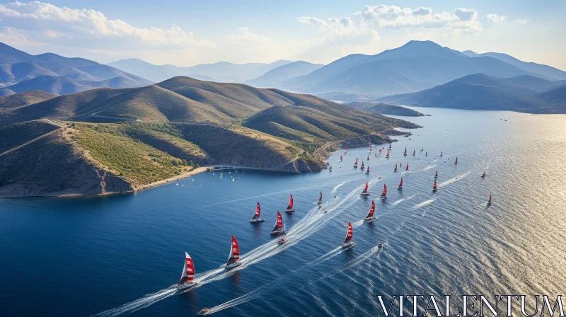 AI ART Oracle Sailboats Race in Blue Waters with Green Hills