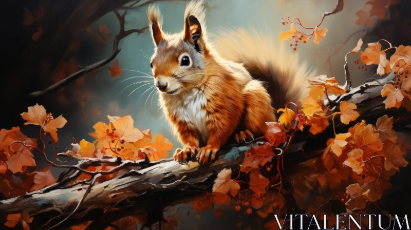 Realistic Squirrel Painting on Branch AI Image