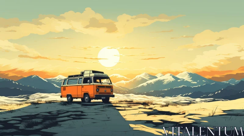 Retro Van Sunset Digital Painting AI Image