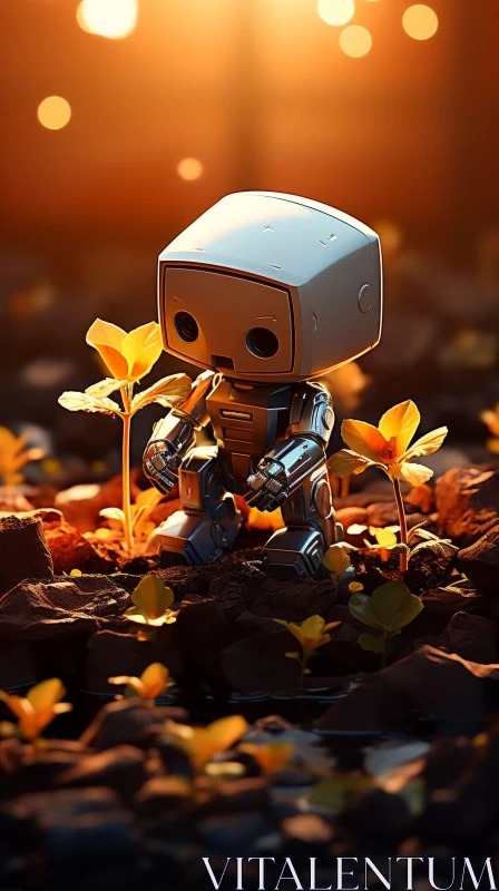 Small Metal Robot in Rocky Field AI Image