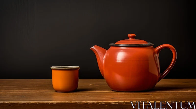 Teapot and Cup on Wooden Table - Orange and Black Accents AI Image