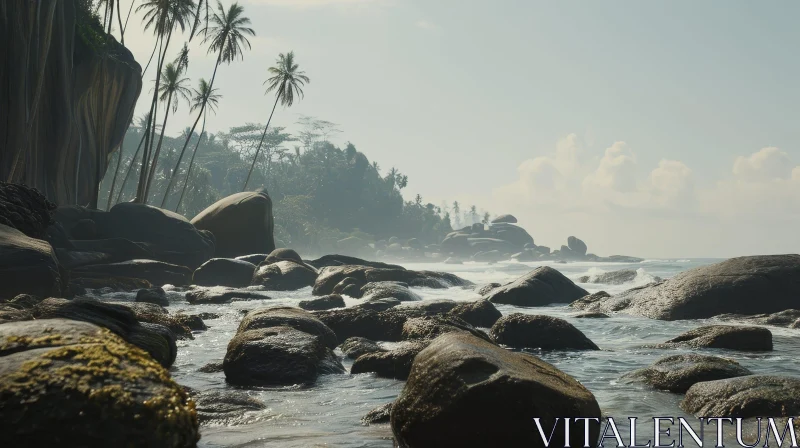 Tranquil Rocky Beach with Palm Trees and Clear Water AI Image