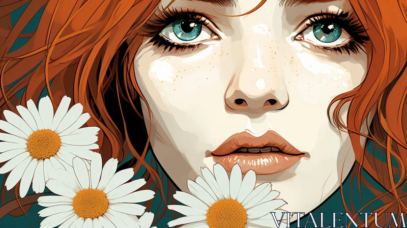 Young Woman Portrait with Red Hair and Daisies AI Image