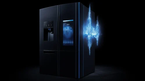 Blue Glowing Refrigerator in Dark Room