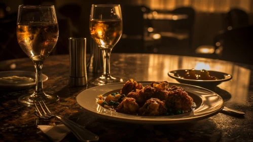 Delicious Curry Food Photography with Chicken and Wine Glasses