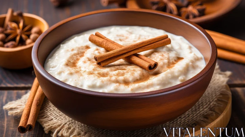 Delicious Rice Pudding with Cinnamon and Anise on Wooden Table AI Image