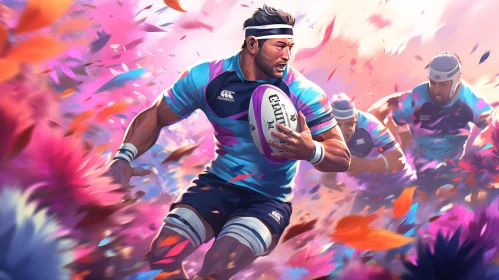 Dynamic Rugby Player Painting in Blue and Pink Uniform