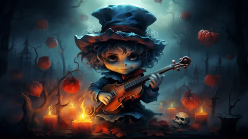 Eerie Digital Painting of Young Boy in Dark Forest Playing Violin