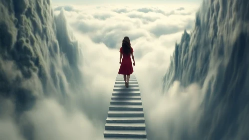 Enigmatic Woman Ascending Cloud Staircase