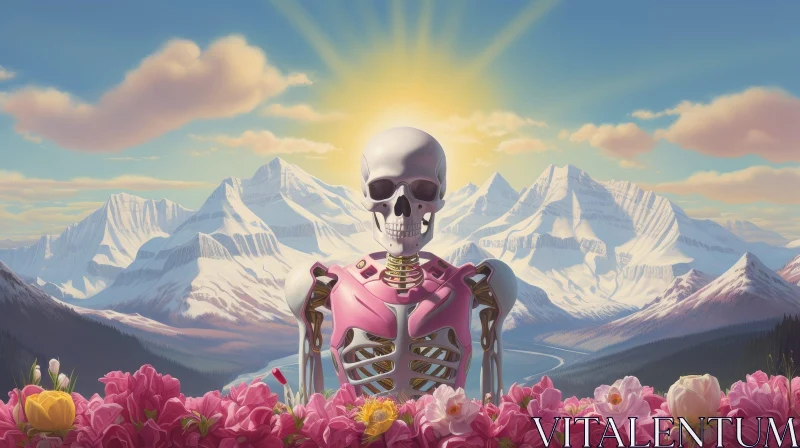 AI ART Ethereal Skeleton in Pink Bodysuit Among Flowers and Mountains