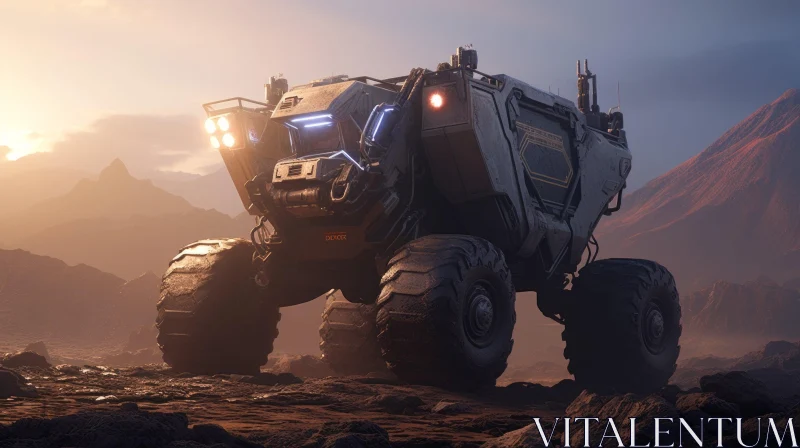 Exploration Rover on Rocky Celestial Landscape AI Image