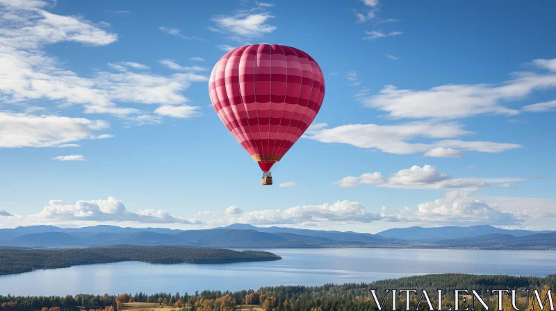 Pink Hot Air Balloon Flight Over Lake and Mountains AI Image