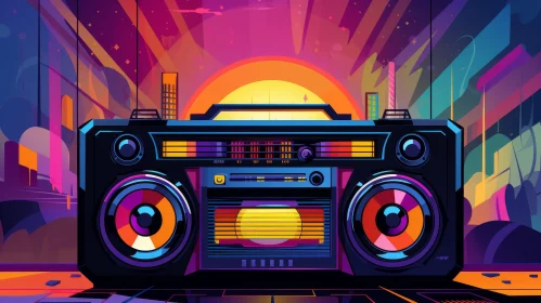 Retro Boombox Stereo Illustration with Cityscape Background