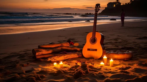 Serene Beach Sunset with Guitar and Candles