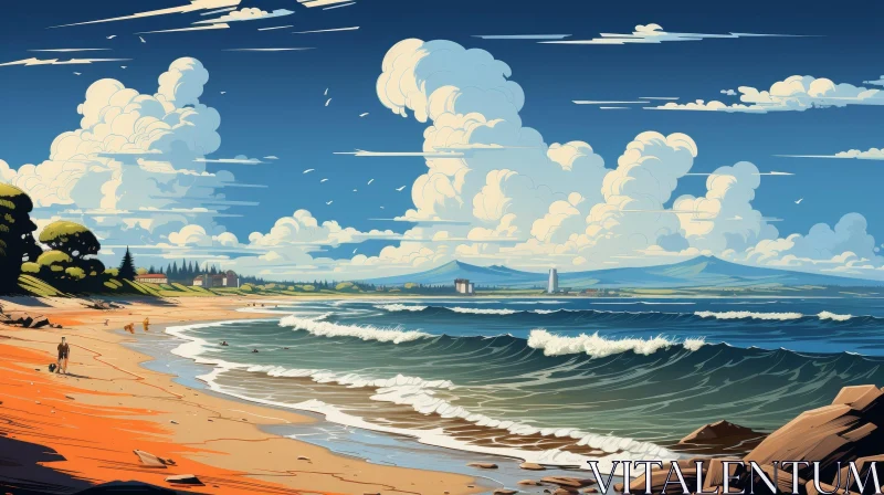 AI ART Tranquil Beach Scene with Blue Sea and Sun
