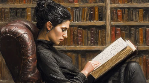 Young Woman Reading a Book in a Library - Painting Artwork