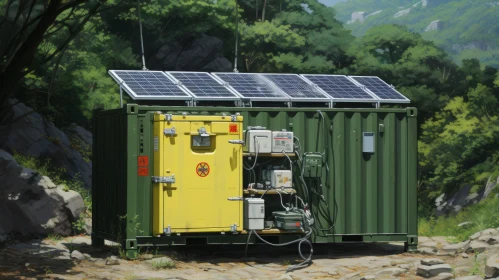Green Metal Container with Solar Panels Surrounded by Nature