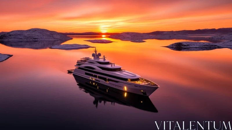 AI ART Luxury Yacht Sailing in Picturesque Fjord at Sunset