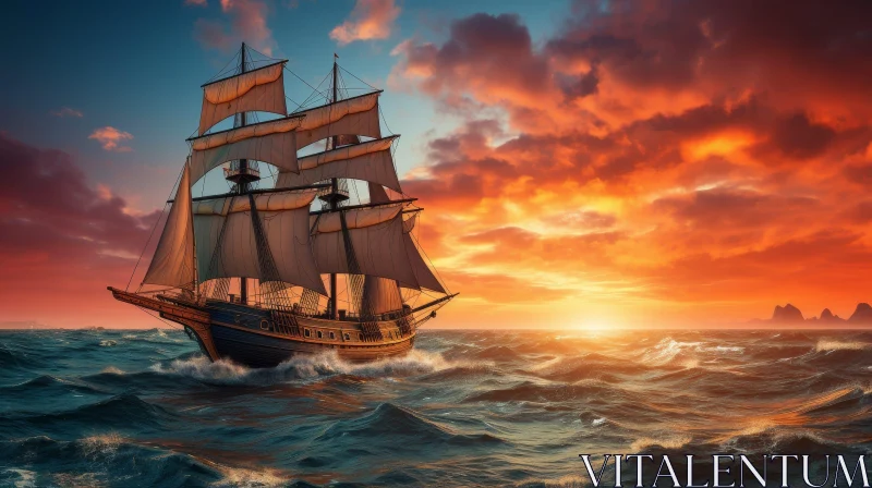 Majestic Tall Ship Sailing on Turbulent Sea - Romantic Style AI Image