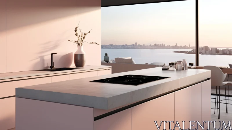 Modern Kitchen with Stylish Island and City View AI Image