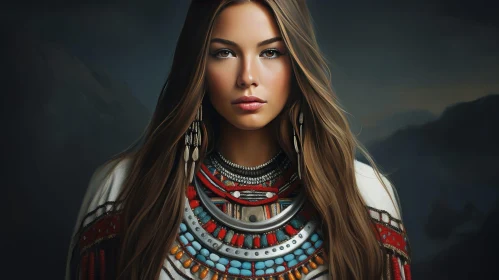 Native American Woman Portrait in Mountain Landscape