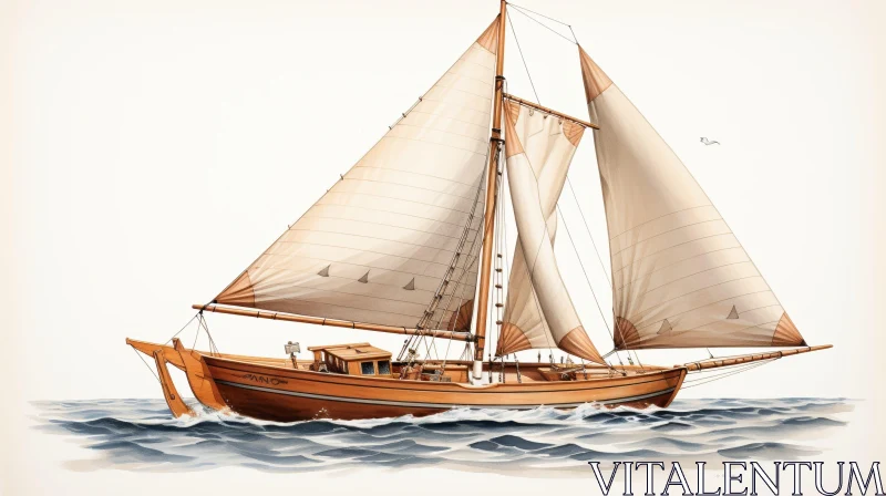 AI ART Traditional Wooden Sailing Boat Watercolor Painting