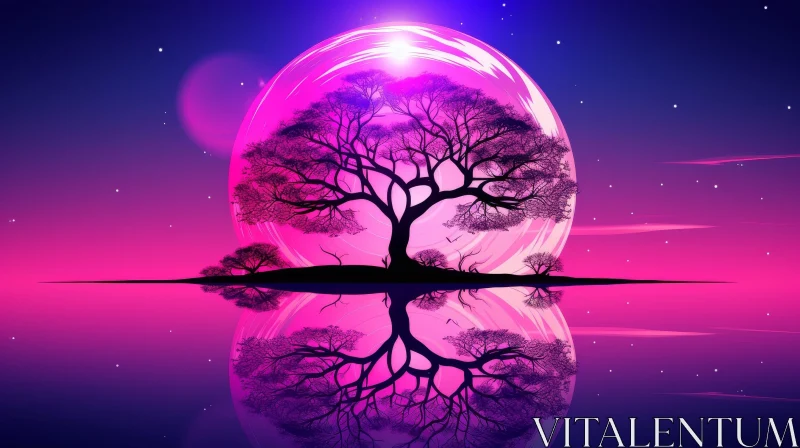 Tranquil Tree Landscape with Moon and Reflection AI Image