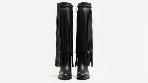 Black Leather Knee-High Boots with Fringe - Fashion Statement