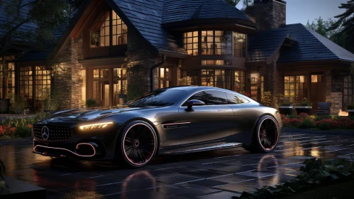 Black Mercedes-Benz Parked in Front of Large Stone House