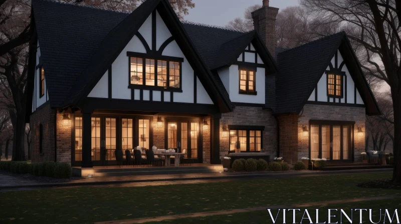 Enchanting Night View of Tudor Style House with Illuminated Lawn AI Image