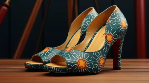 Green Floral Pattern High-Heeled Leather Shoes