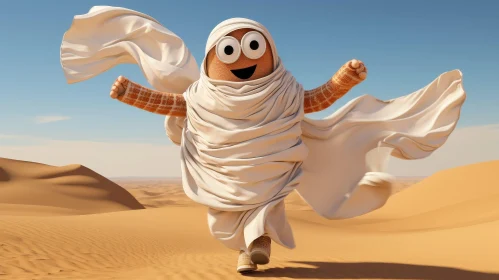 Joyful 3D Cartoon Character Running in Desert Landscape