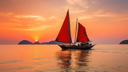 Mesmerizing Sunset over the Sea with Red-Sailed Boat