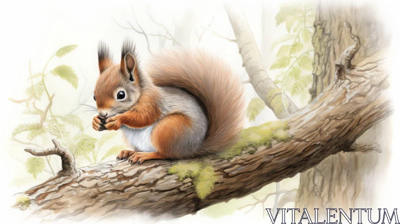 AI ART Red Squirrel on Tree Branch in Forest - Wildlife Scene