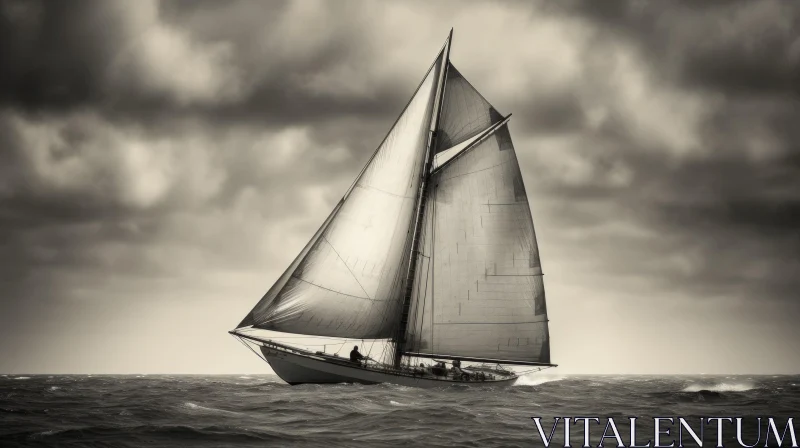 Sailboat Slicing Through Rough Waves - Black and White Drama AI Image