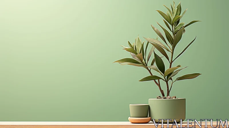 Serene Still Life with Potted Plant on Wooden Table AI Image
