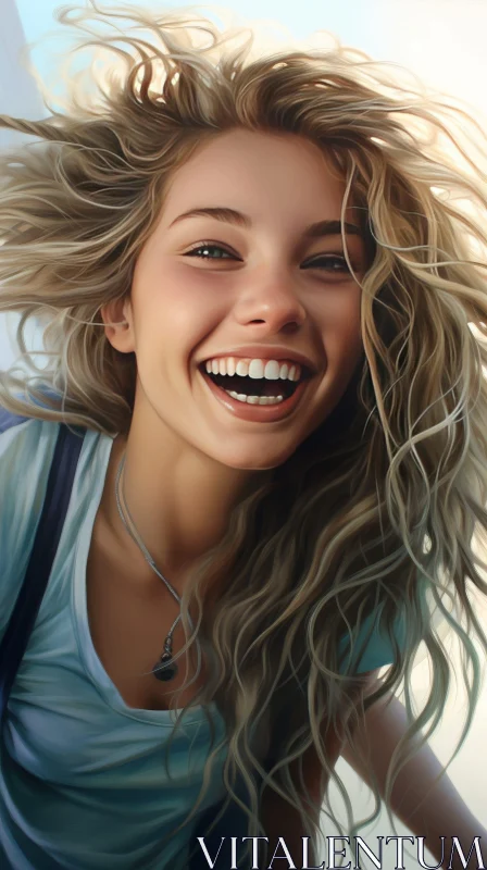 Smiling Woman with Long Hair in Blue Shirt AI Image