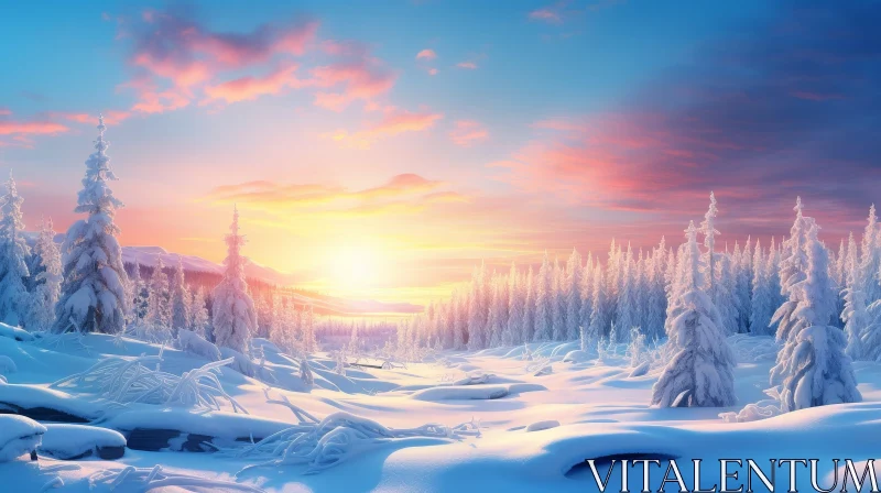 Winter Sunset Landscape - Peaceful Forest Scene AI Image