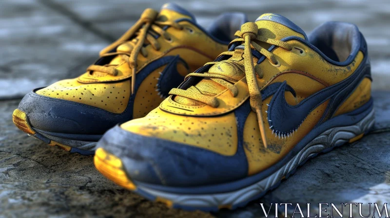 Yellow and Blue Running Shoes on Gray Stone Surface AI Image
