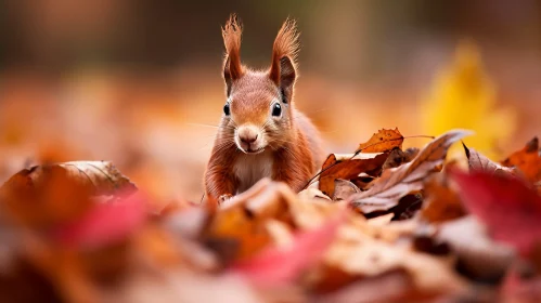 Curious Red Squirrel on Fallen Leaves - Nature Wildlife Close-up