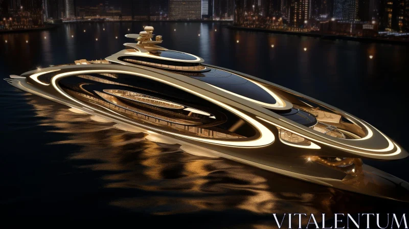 Futuristic Yacht Anchored in City Bay at Night AI Image